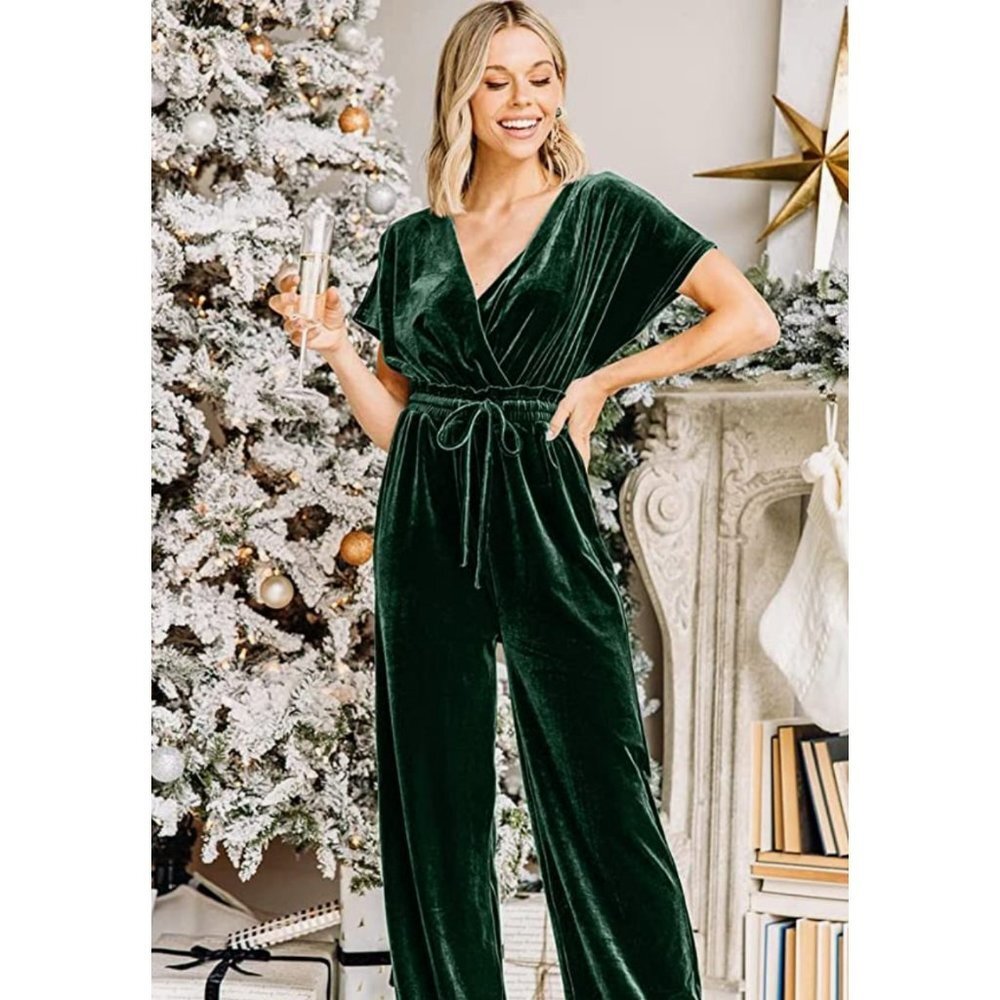Dark Green Velvet V-Neck Short Sleeve‎ Belted Wide Leg Maxi Jumpsuit One Piece